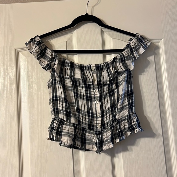 Black and white plaid off the shoulder shirt - Picture 1 of 2